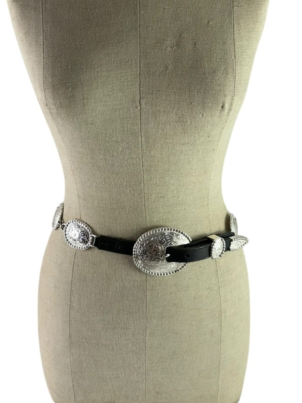 Genuine Vintage TONY LAMA Black Leather Concho Silver Western Bohemian Belt 28 - Picture 2 of 11